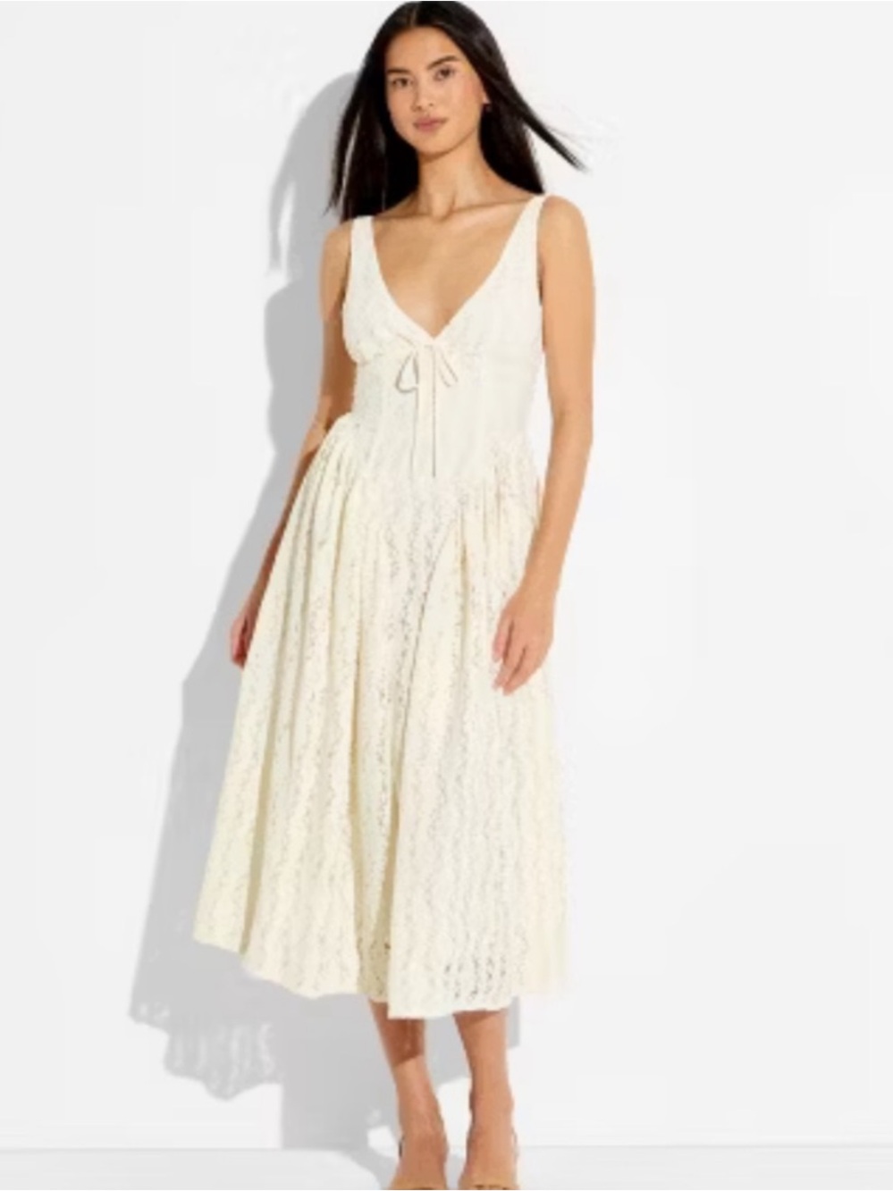 Cream Lace Midi Dress with Tie Front